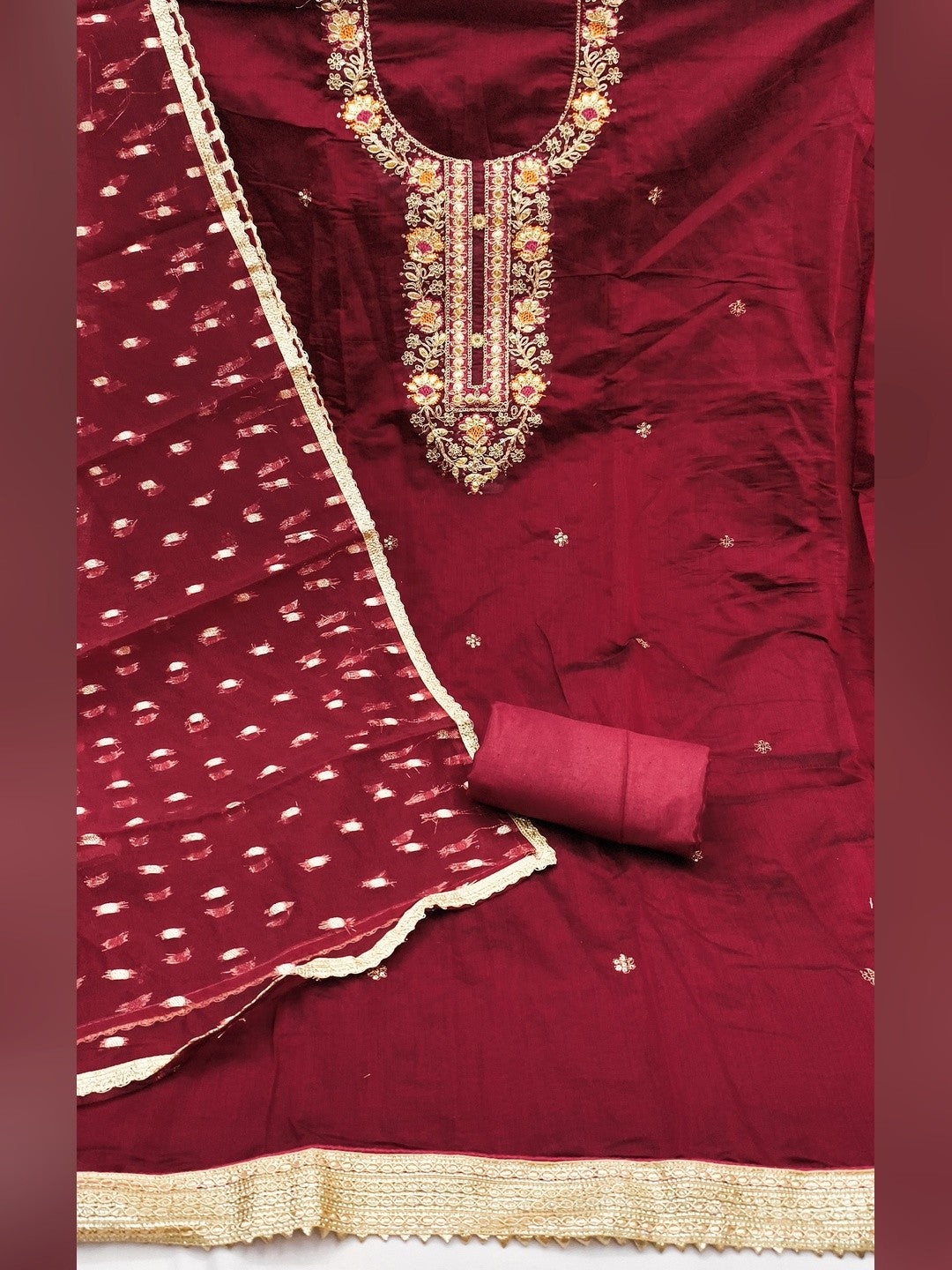 Maroon Chanderi Silk Dress Material Showcasing Floral Embroidery & Artisanal Gota Patti Work - Image 5