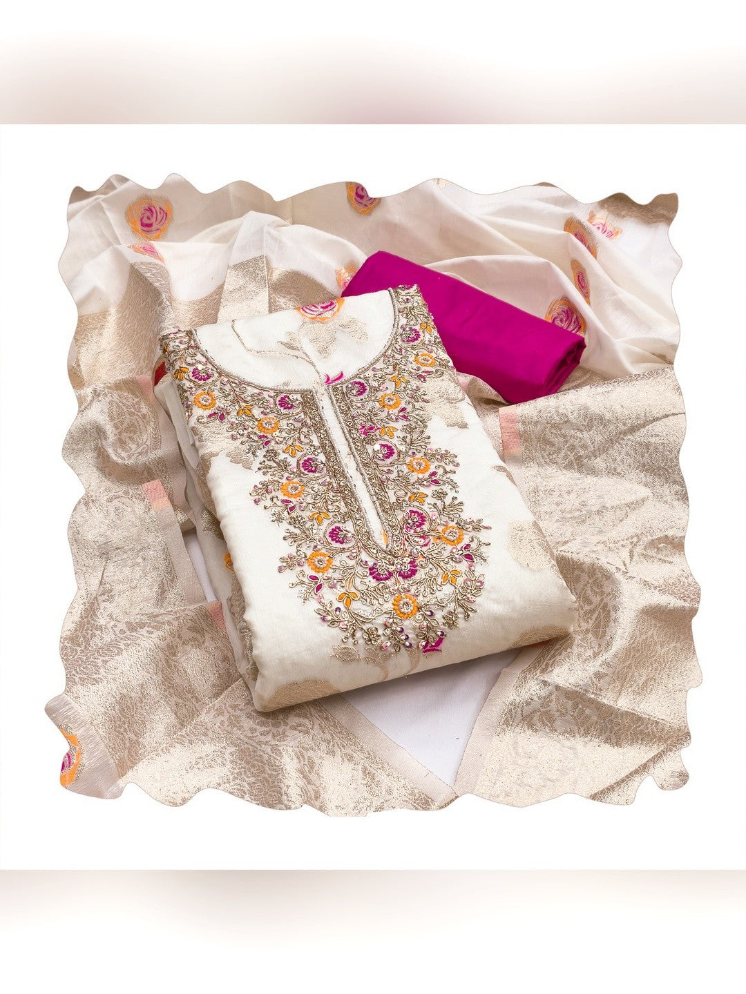 Graceful Offwhite Floral Woven Banarasi Silk Dress Material Featuring Intricate Cording Embroidery - Image 4