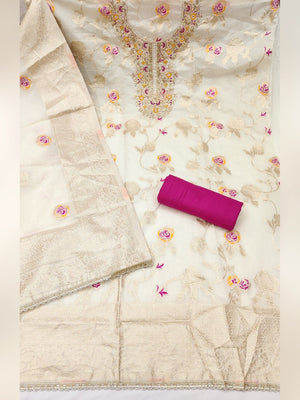 Graceful Offwhite Floral Woven Banarasi Silk Dress Material Featuring Intricate Cording Embroidery - Image 2