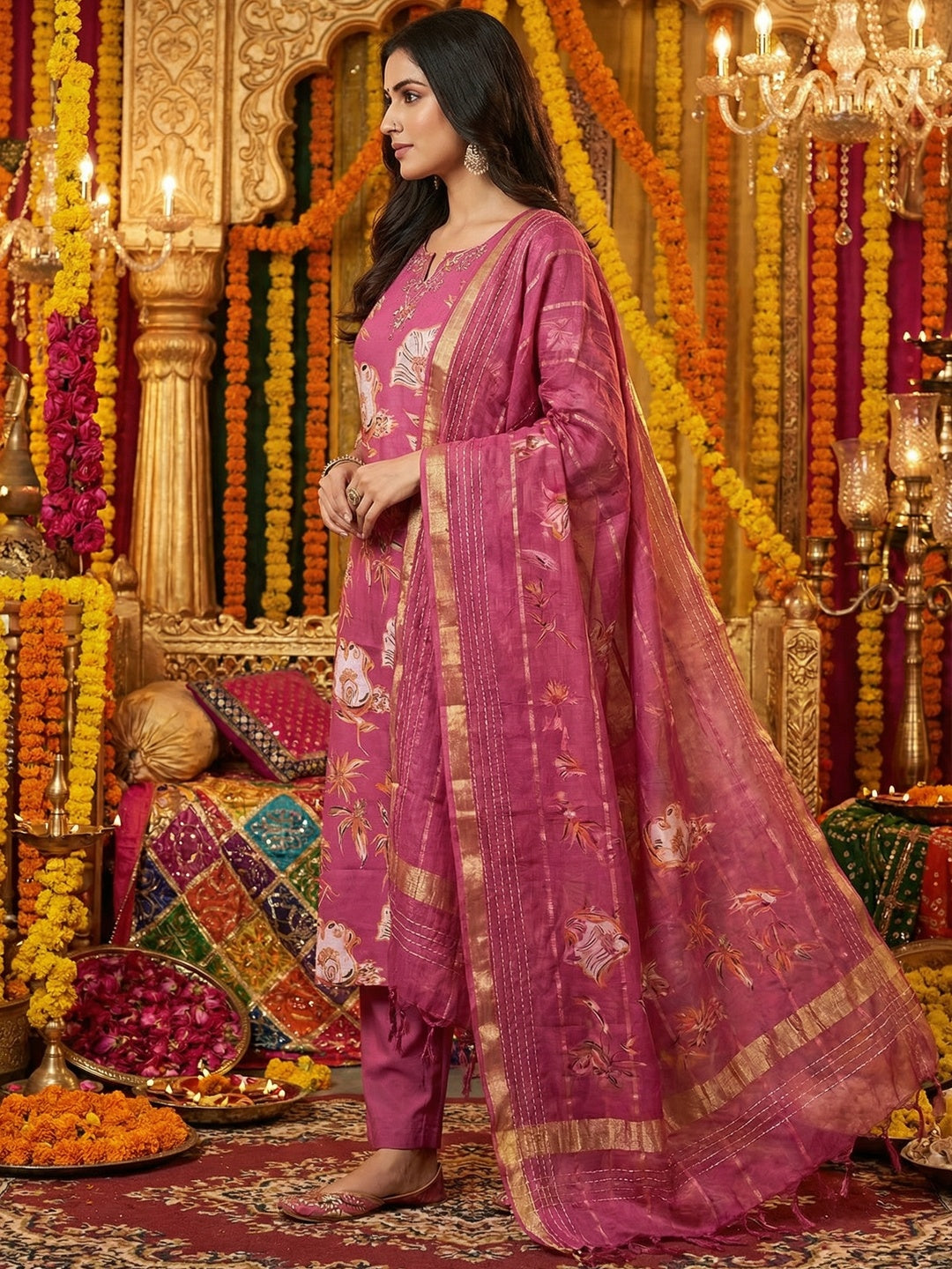 Pink Floral Print Viscose Straight Fit Salwar Suit with Fine Hand Embroidery Detailing - Image 3