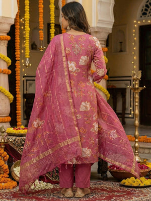 Pink Floral Print Viscose Straight Fit Salwar Suit with Fine Hand Embroidery Detailing - Image 2