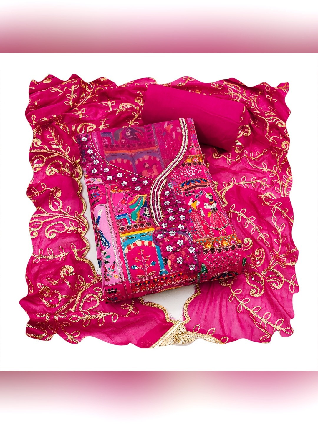 Refreshing Pink Floral Embroidered Viscose Dress Material Featuring Intricate Sequins & Moti Work - Image 4