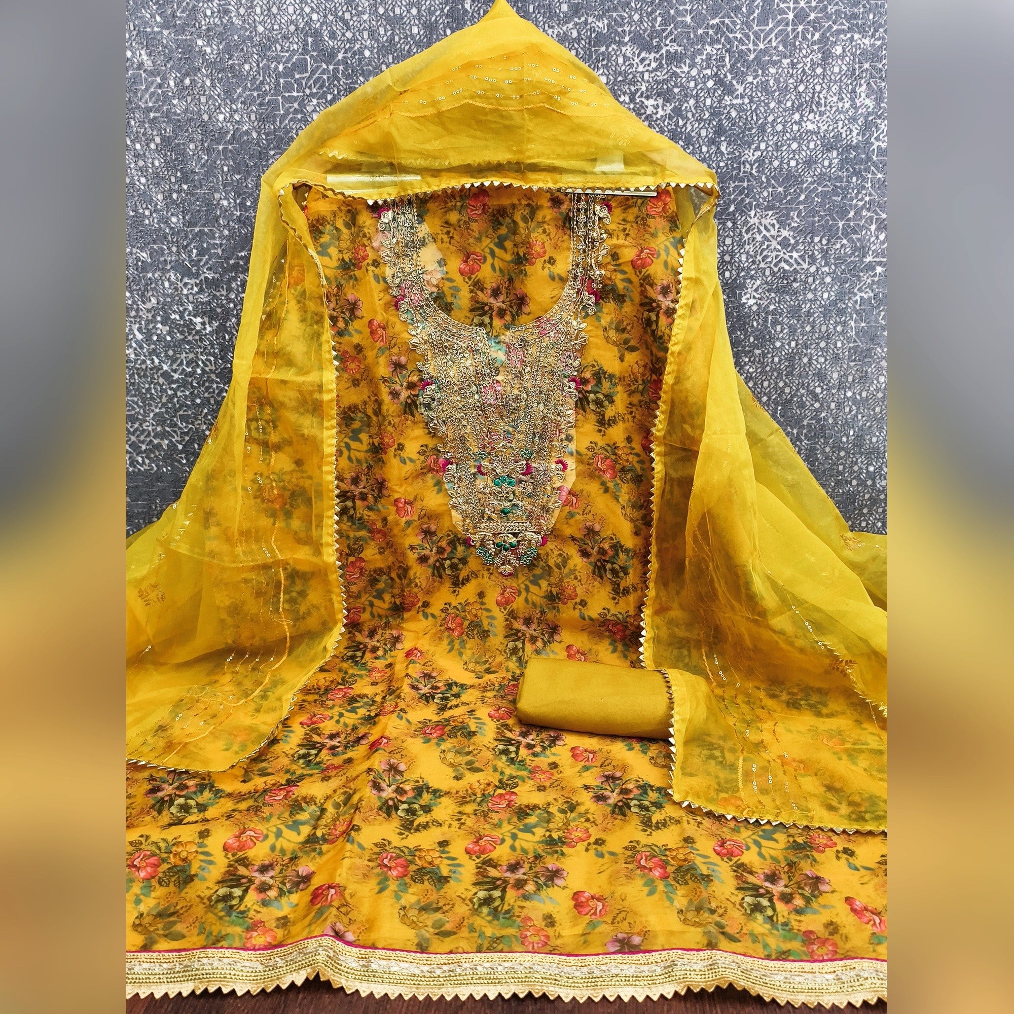 Classic Mustard Floral Digital Printed Organza Dress Material With Designer Cording Embroidery - Image 3