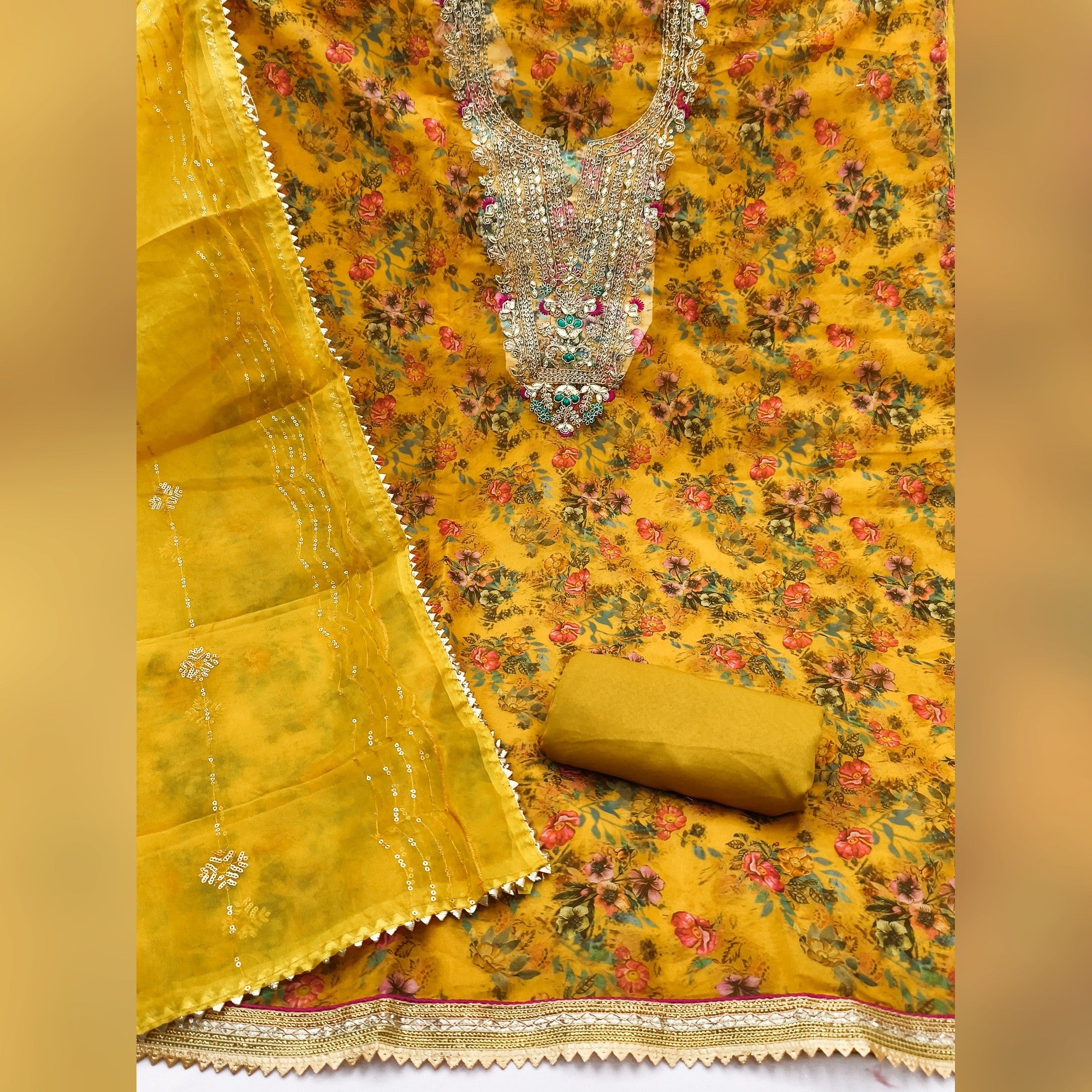 Classic Mustard Floral Digital Printed Organza Dress Material With Designer Cording Embroidery - Image 4