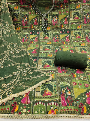 Refreshing Green Floral Embroidered Viscose Dress Material Featuring Intricate Sequins & Moti Work - Image 2