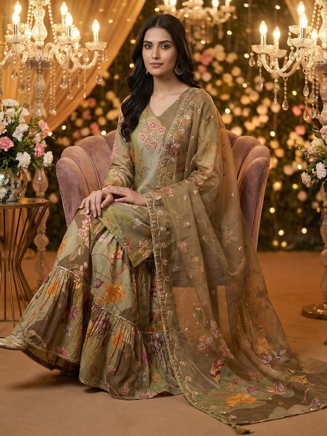 Stylish Green Floral Printed Muslin Kurta with Handwork and Matching Flared Sharara Bottom - Image 4
