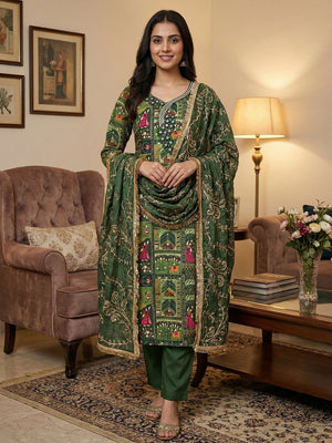 Refreshing Green Floral Embroidered Viscose Dress Material Featuring Intricate Sequins & Moti Work - Image 1