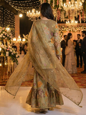 Stylish Green Floral Printed Muslin Kurta with Handwork and Matching Flared Sharara Bottom - Image 2