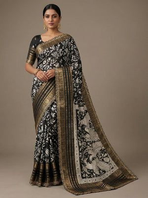 Classic Black Floral Print Dola Silk Saree With Peacock Motif Pallu & Sequins Cording Lace Border - Image 1