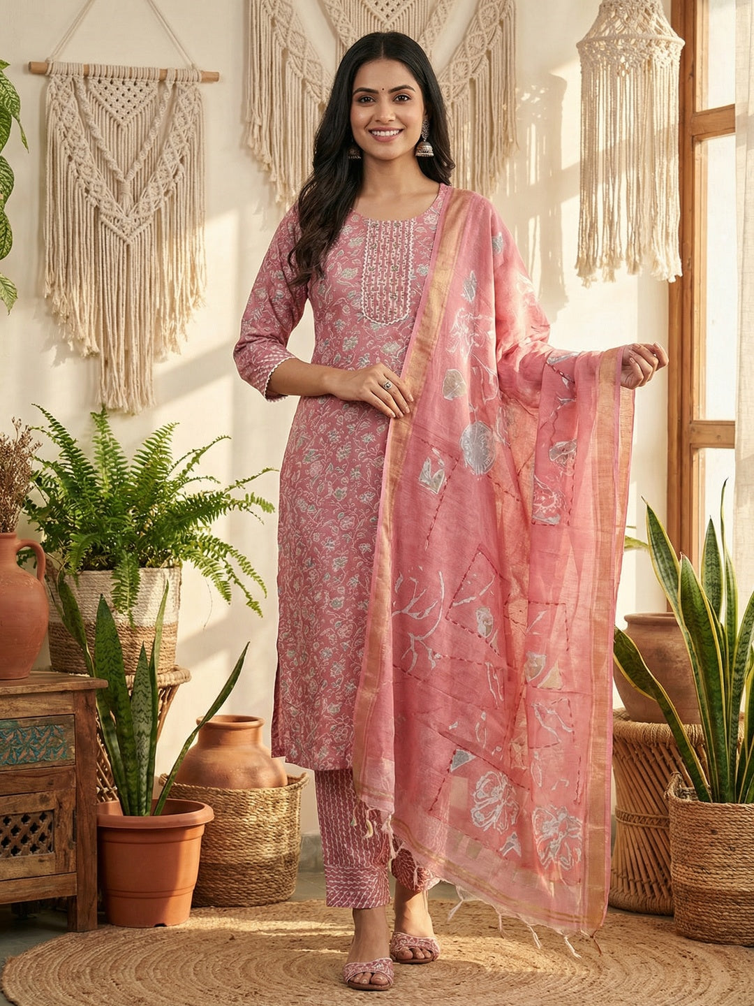 Graceful Pink Floral Printed Rayon Straight Fit Salwar Suit with Classic Ethnic Appeal - Image 1