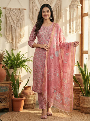 Graceful Pink Floral Printed Rayon Straight Fit Salwar Suit with Classic Ethnic Appeal - Image 1