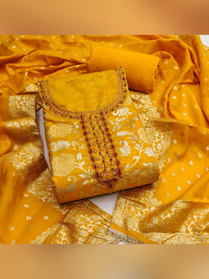 Charming Yellow Floral Weaving Jacquard Dress Material Showcasing Refined Moti Handwork - Image 1