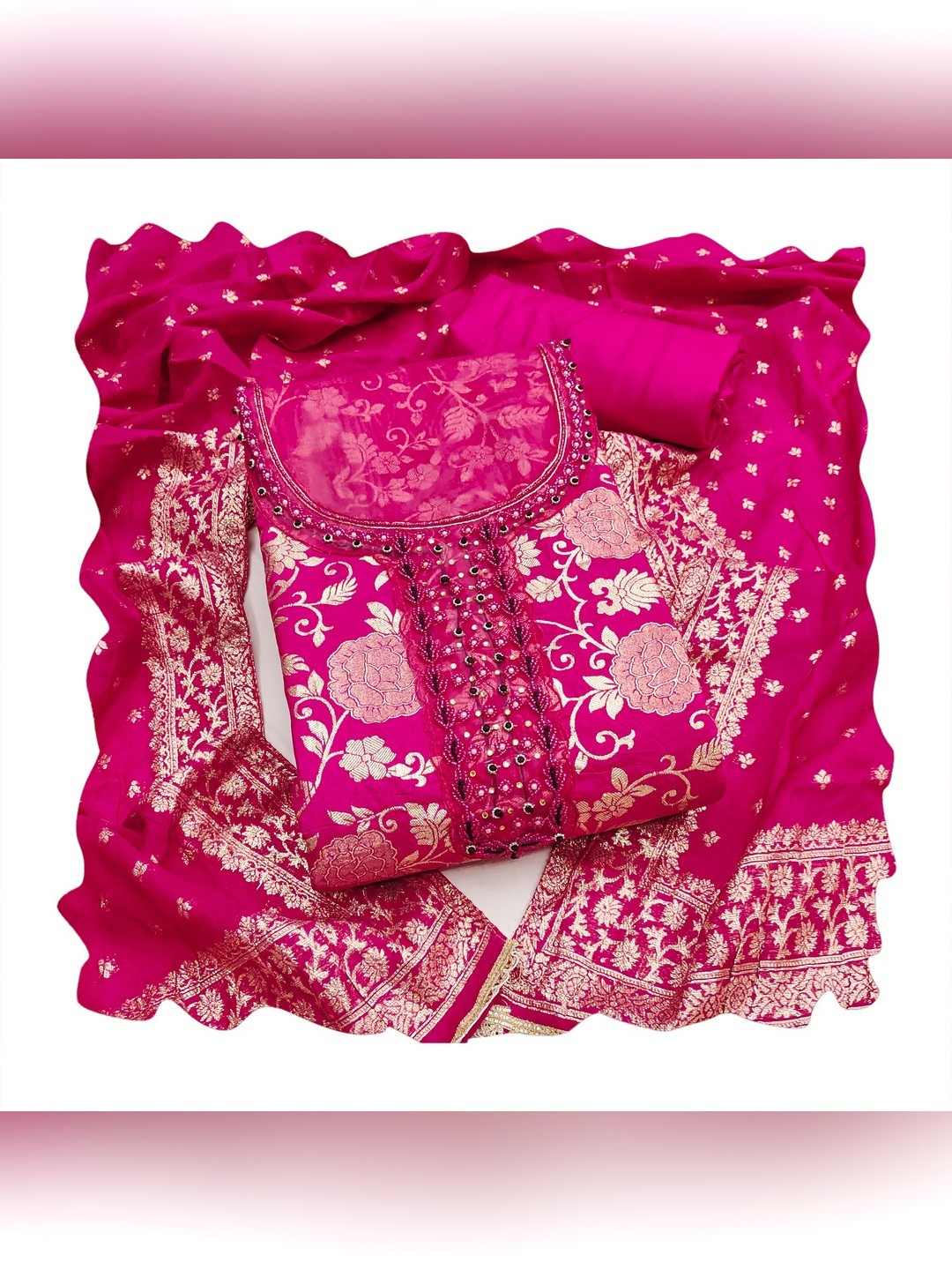 Charming Pink Floral Weaving Jacquard Dress Material Showcasing Refined Moti Handwork - Image 5
