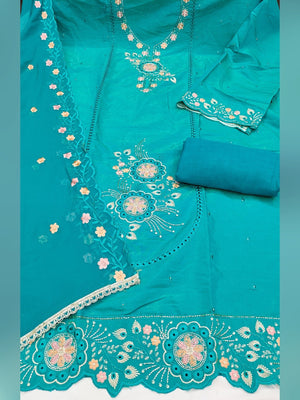 Classic Rama Blue Floral Embroidered Viscose Dress Material With Graceful Handcrafted Finishing - Image 2