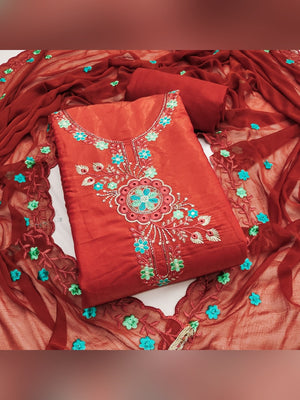 Classic Rust Floral Embroidered Viscose Dress Material With Graceful Handcrafted Finishing - Image 1