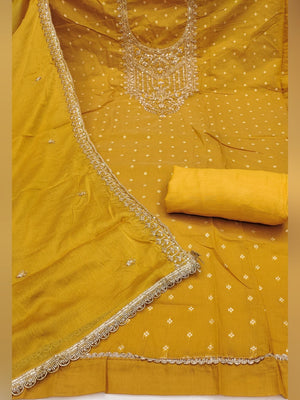 Premium Mustard Floral Chanderi Cotton Dress Material Adorned With Cording Embroidery & Sequins Work - Image 2