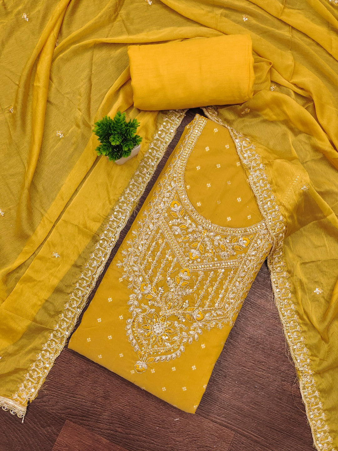 Premium Mustard Floral Chanderi Cotton Dress Material Adorned With Cording Embroidery & Sequins Work - Image 3