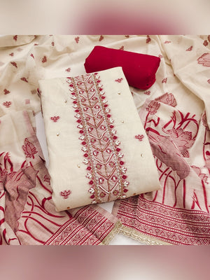 Charming Cream & Red Floral Weaving Banarasi Silk Dress Material Showcasing Refined Moti Handwork - Image 1