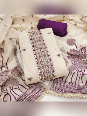 Charming Cream & Purple Floral Weaving Banarasi Silk Dress Material Showcasing Refined Moti Handwork - Image 1