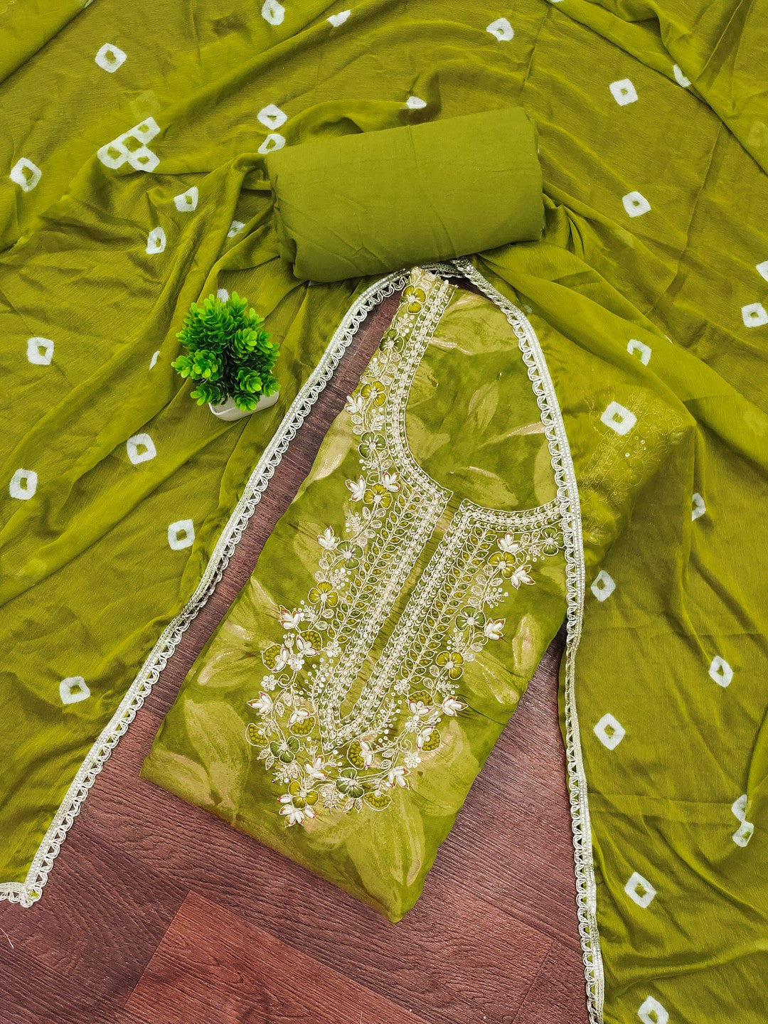 Classic Green Floral Sequins Cording Embroidered Cotton Silk Dress Material With Graceful Handwork - Image 3