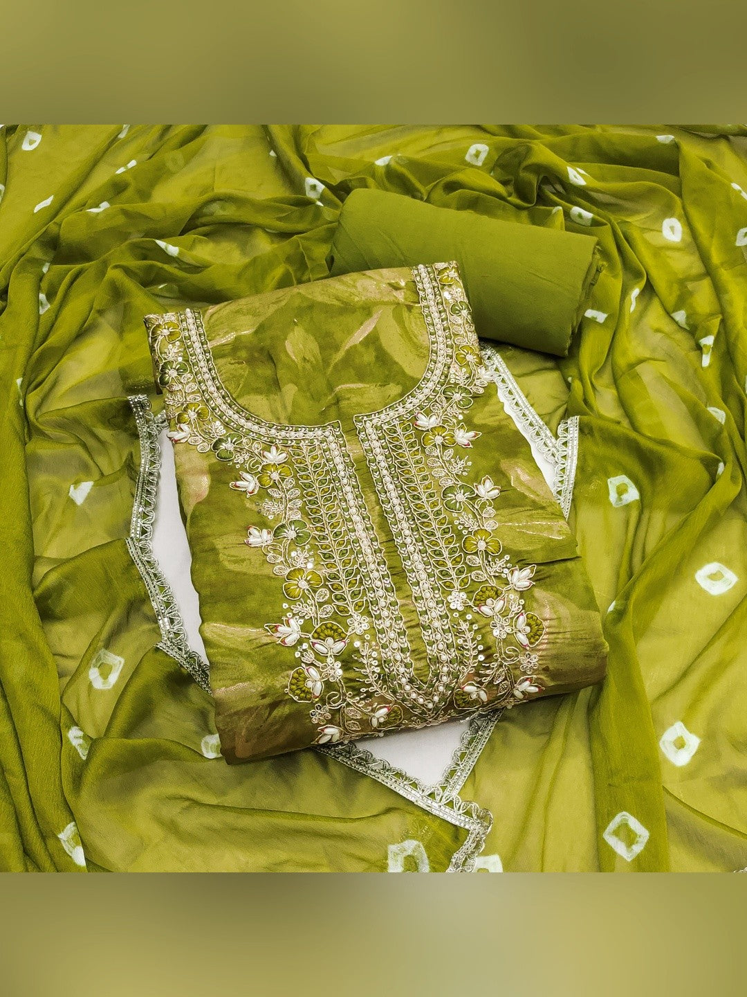 Classic Green Floral Sequins Cording Embroidered Cotton Silk Dress Material With Graceful Handwork - Image 4