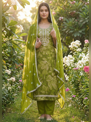 Classic Green Floral Sequins Cording Embroidered Cotton Silk Dress Material With Graceful Handwork - Image 1