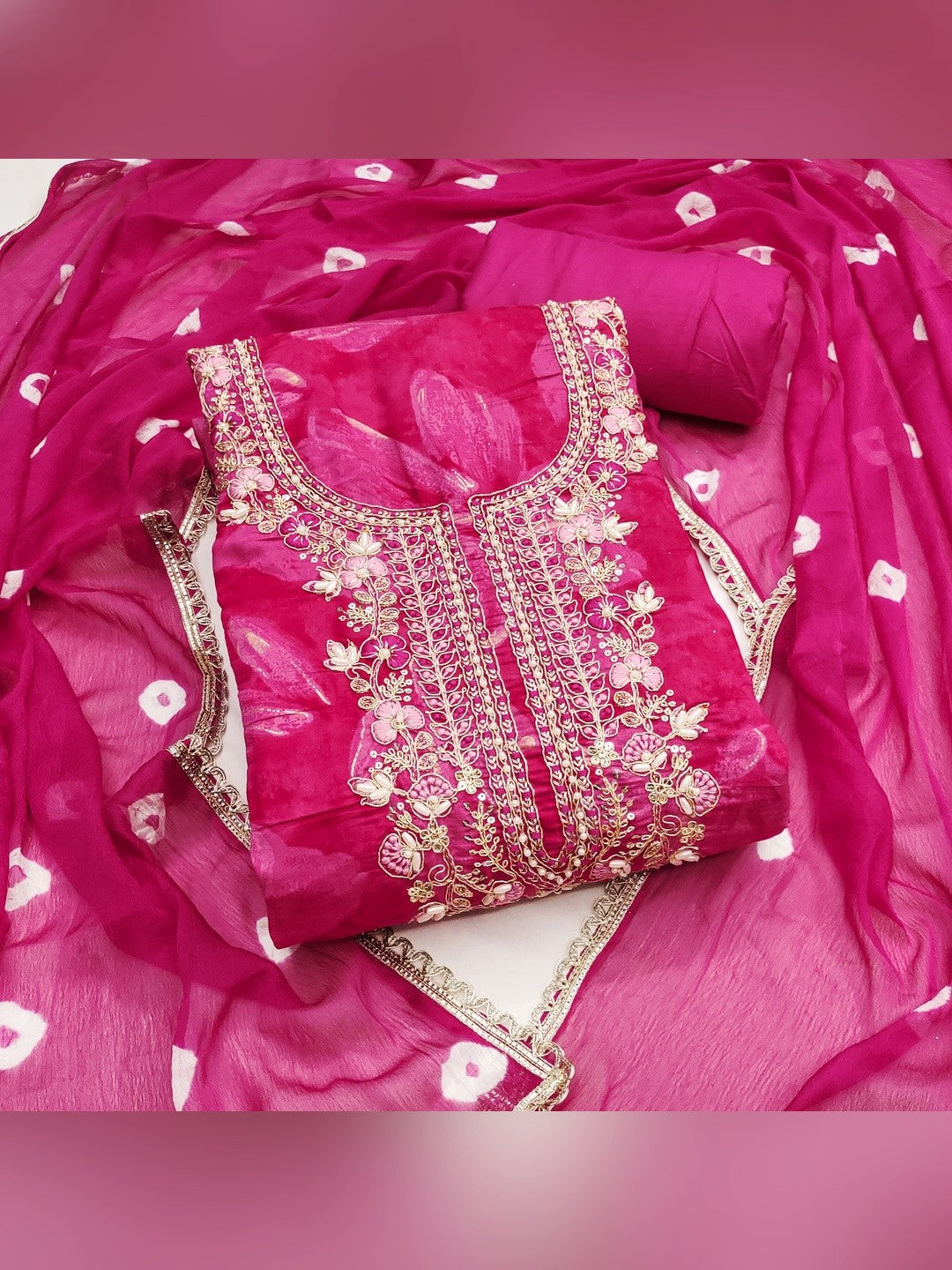Classic Pink Floral Sequins Cording Embroidered Cotton Silk Dress Material With Graceful Handwork - Image 3