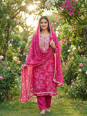 Classic Pink Floral Sequins Cording Embroidered Cotton Silk Dress Material With Graceful Handwork - Image 1