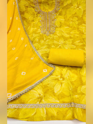 Classic Yellow Floral Sequins Cording Embroidered Cotton Silk Dress Material With Graceful Handwork - Image 2