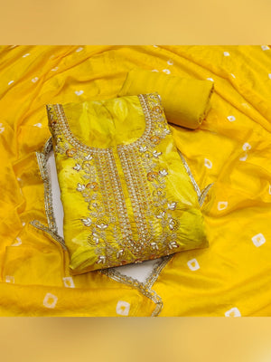 Classic Yellow Floral Sequins Cording Embroidered Cotton Silk Dress Material With Graceful Handwork - Image 1