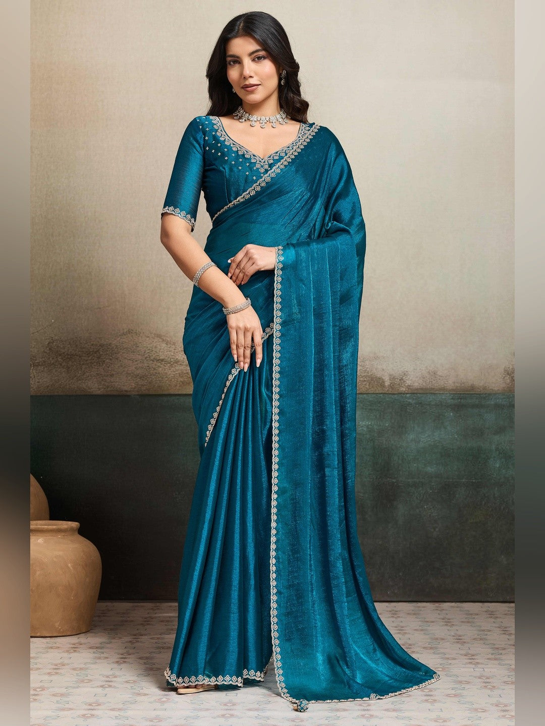 Elegant Morpich Blue Solid Organza Chiffon Silk Saree Highlighted With Jarkan Work Border - Image 2