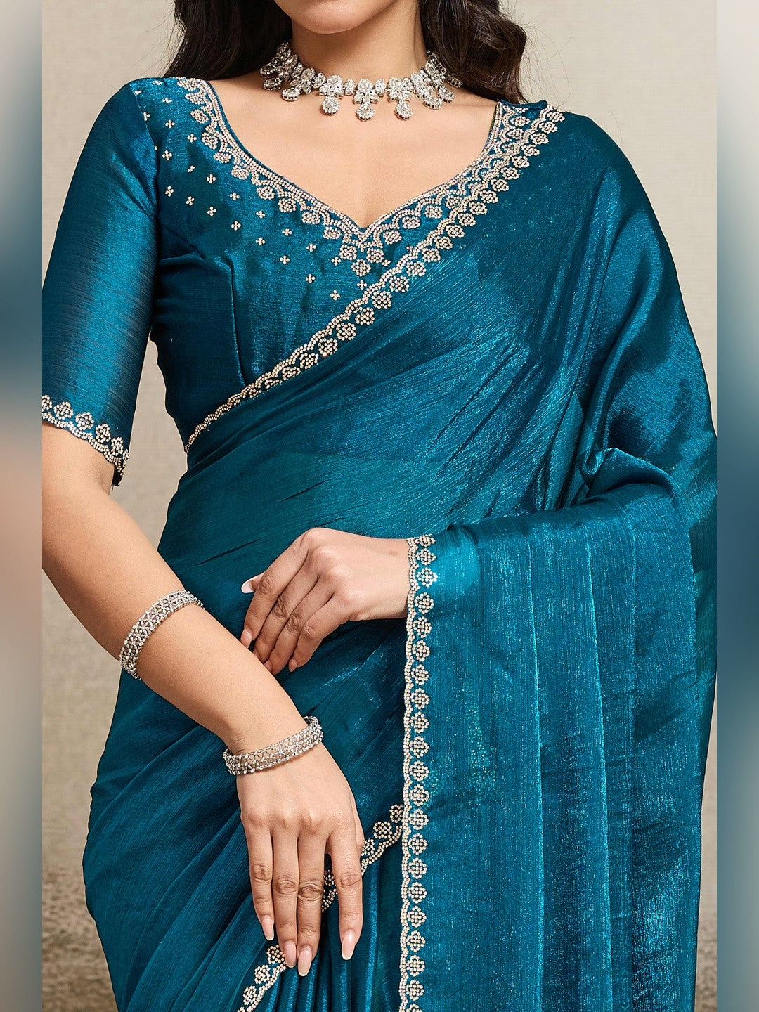 Elegant Morpich Blue Solid Organza Chiffon Silk Saree Highlighted With Jarkan Work Border - Image 3