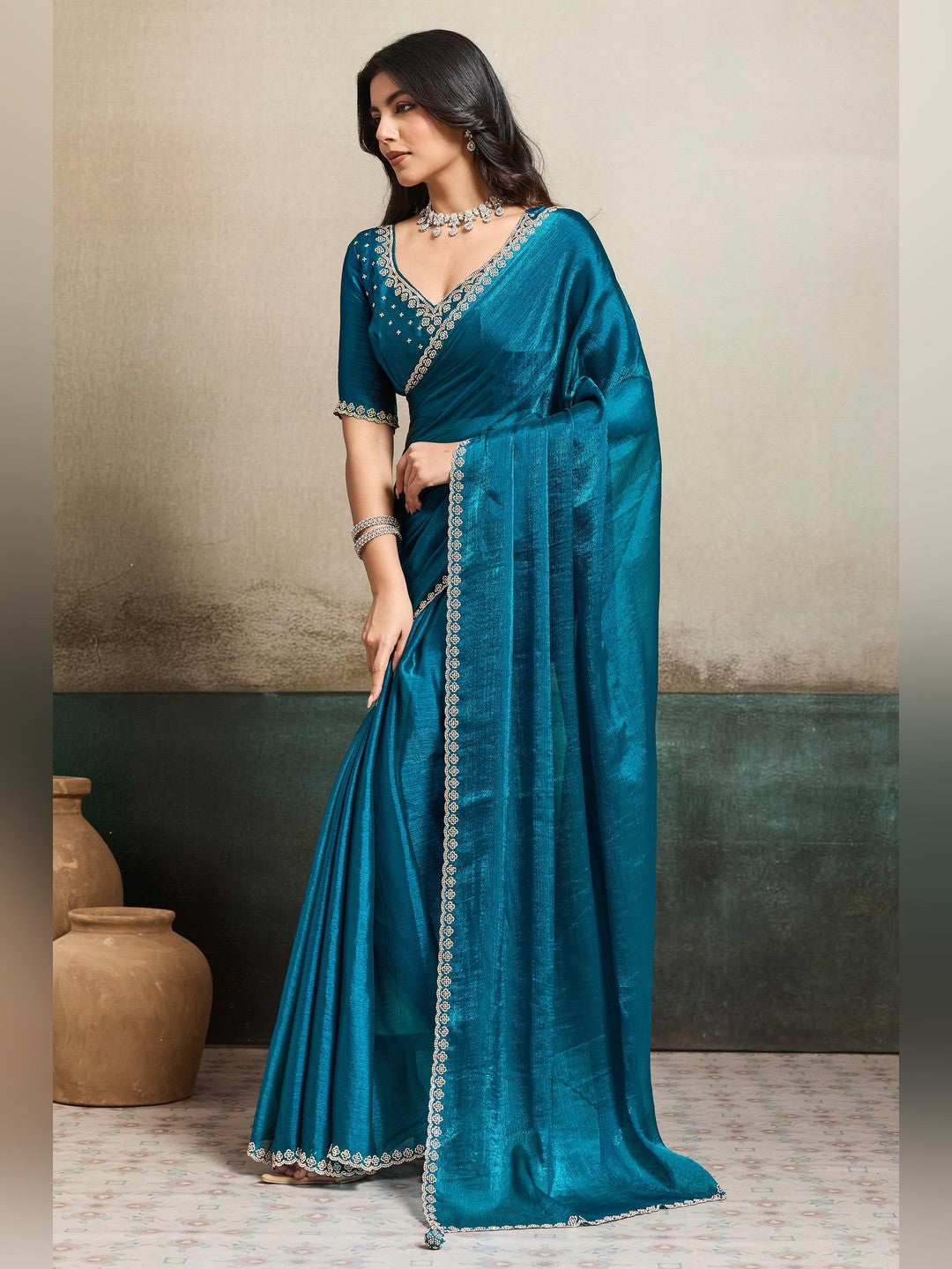 Elegant Morpich Blue Solid Organza Chiffon Silk Saree Highlighted With Jarkan Work Border - Image 4