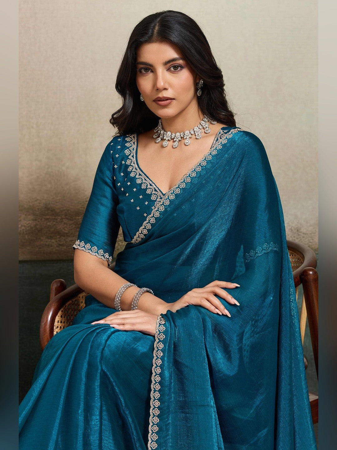 Elegant Morpich Blue Solid Organza Chiffon Silk Saree Highlighted With Jarkan Work Border - Image 5