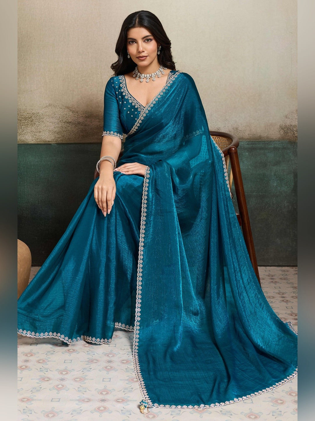 Elegant Morpich Blue Solid Organza Chiffon Silk Saree Highlighted With Jarkan Work Border - Image 7