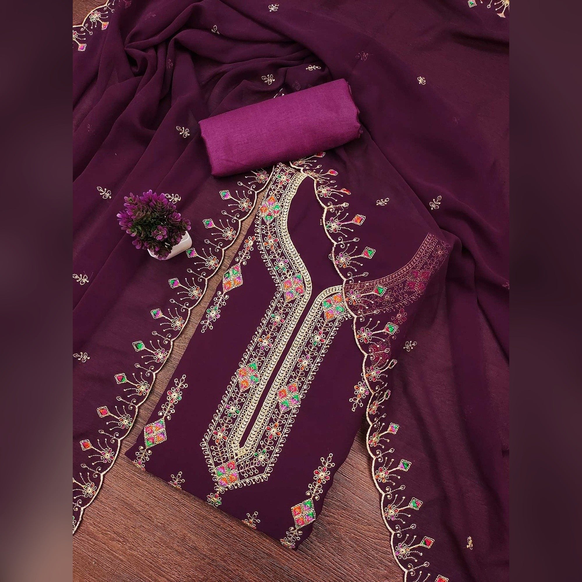 Wine Georgette Dress Material Enhanced With Graceful Floral Embroidery For An Elegant Ethnic Look - Image 1