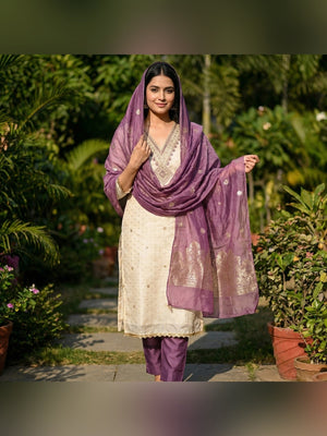 Elegant Cream & Purple Butti Chanderi Silk Dress Material With Cording & Sequins Embroidery Work - Image 2