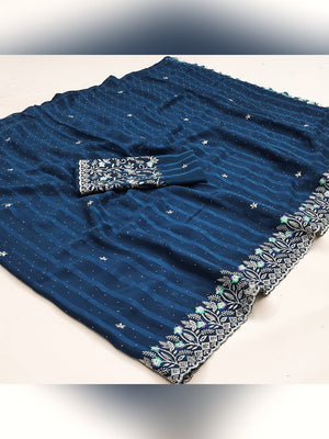 Graceful Blue Floral Embroidery & Swarovski Work Chiffon Saree With Luxurious Tassel Pallu - Image 2
