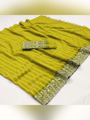 Graceful Parrot Green Floral Embroidery & Swarovski Work Chiffon Saree With Luxurious Tassel Pallu - Image 2