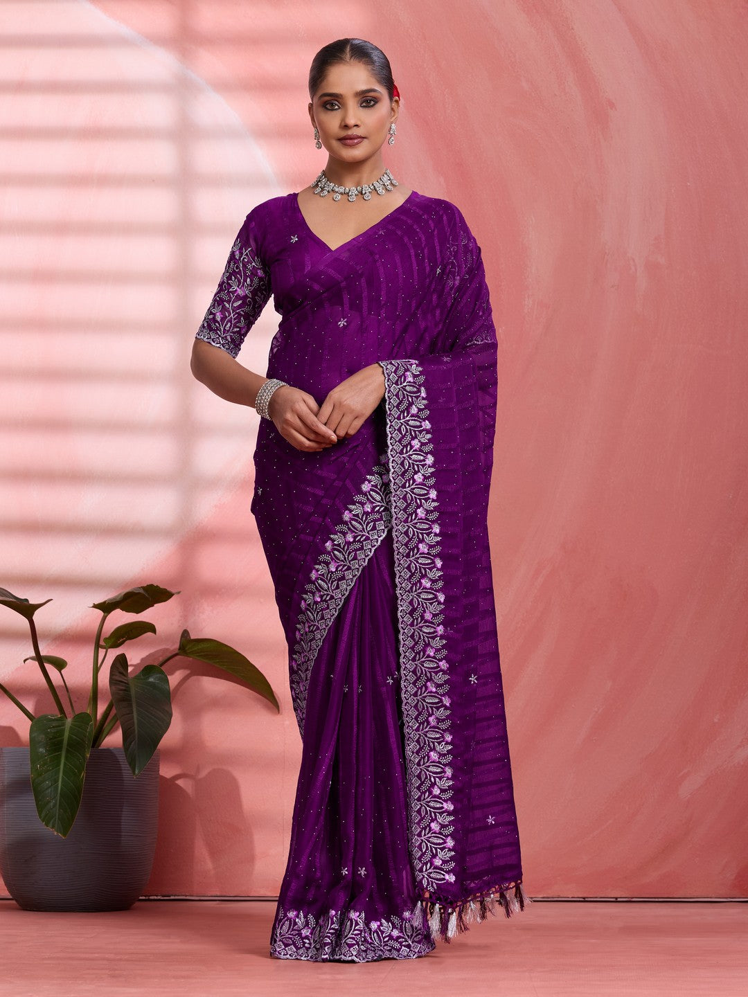 Graceful Wine Floral Embroidery & Swarovski Work Chiffon Saree With Luxurious Tassel Pallu - Image 1
