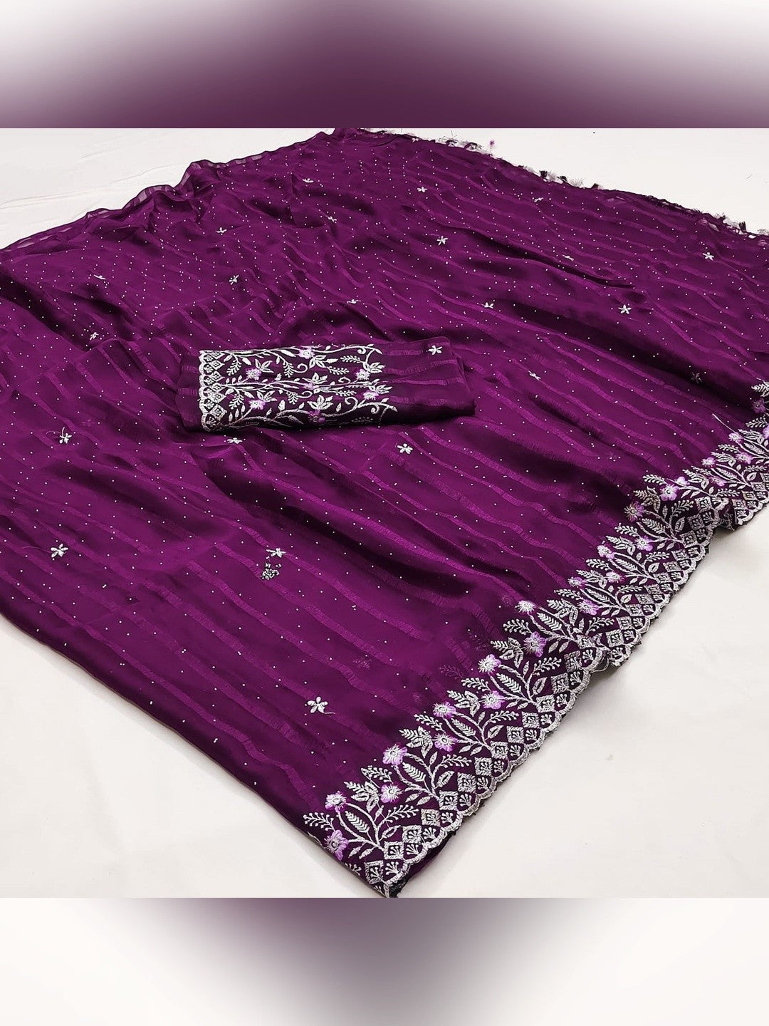 Graceful Wine Floral Embroidery & Swarovski Work Chiffon Saree With Luxurious Tassel Pallu - Image 3