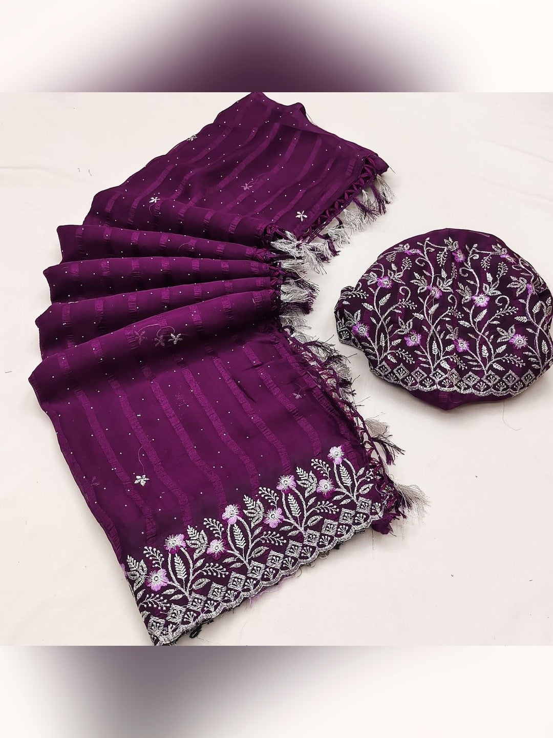 Graceful Wine Floral Embroidery & Swarovski Work Chiffon Saree With Luxurious Tassel Pallu - Image 4