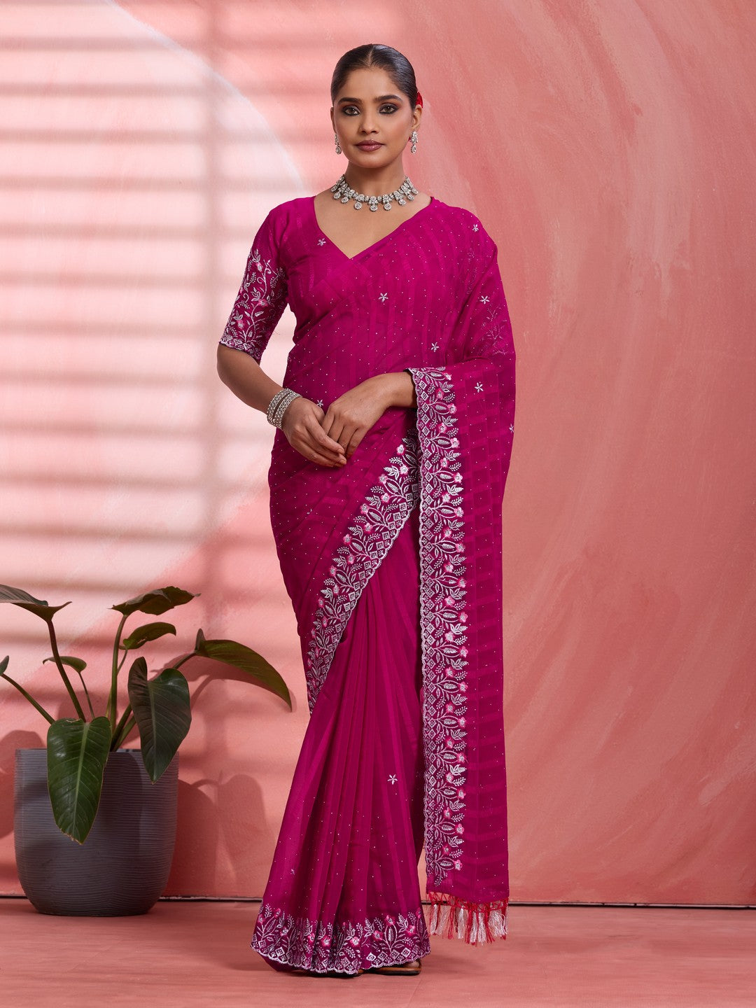 Graceful Pink Floral Embroidery & Swarovski Work Chiffon Saree With Luxurious Tassel Pallu - Image 1