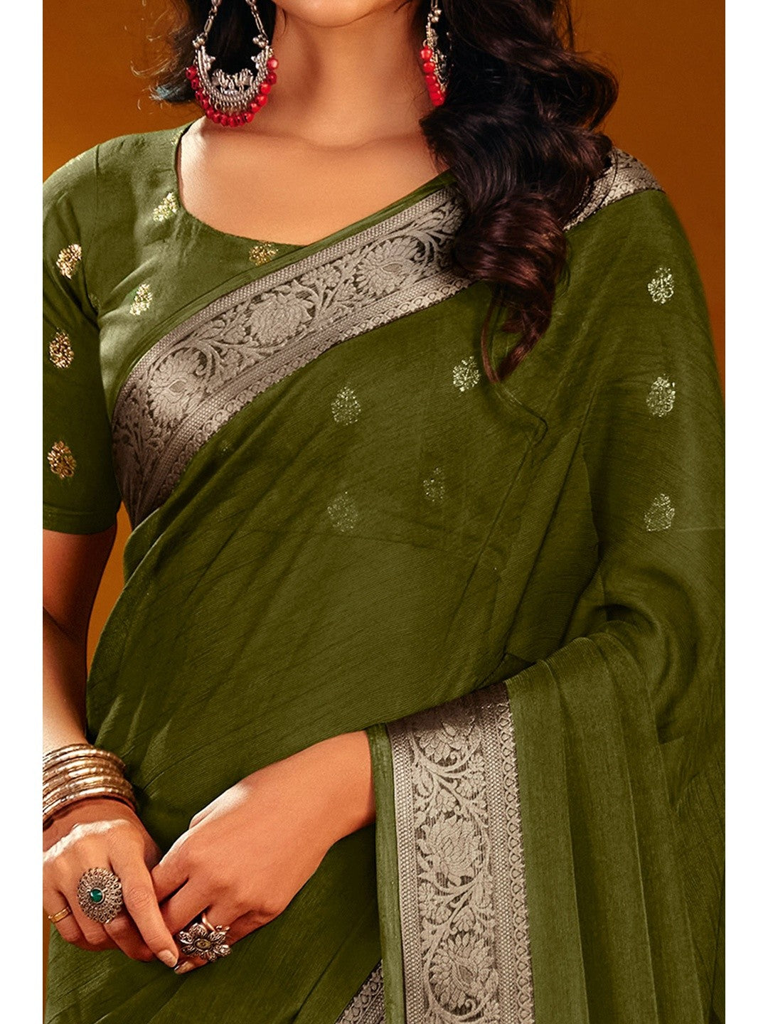 Luxurious Mehendi Green Solid Chiffon Saree Enhanced By Floral Weaving Jacquard Border - Image 3