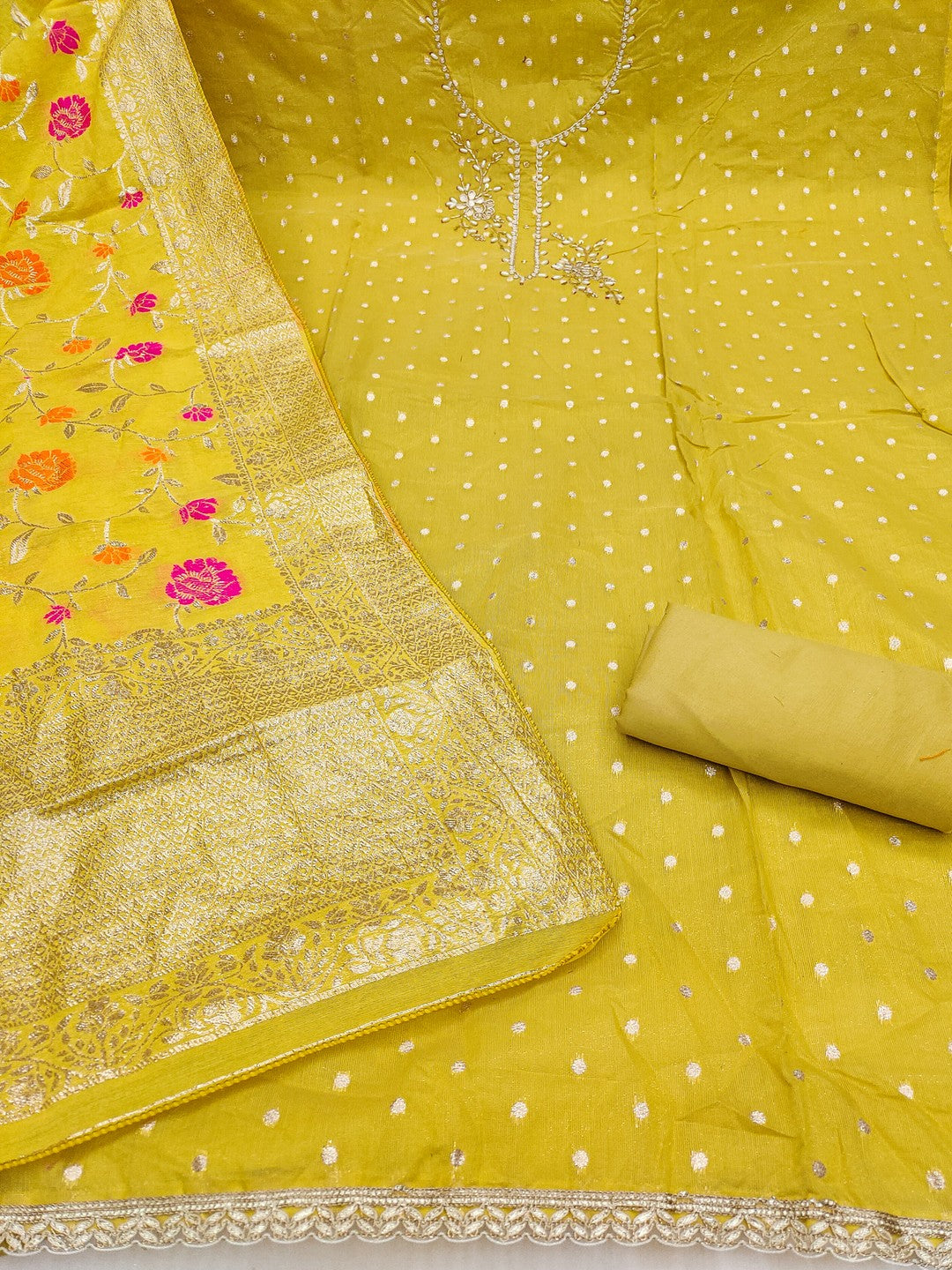 Elegant Mustard Weaving Shimmer Banarasi Dress Material Adorned With Floral Moti & Sequin Work - Image 3