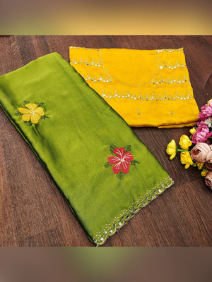 Green & Yellow Floral Thread Work Saree Viscose Beautiful Mirror Border Festive Glamour - Image 2