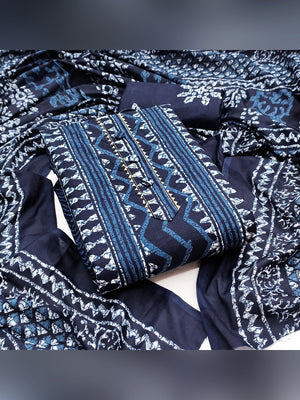 Navy Blue Batik Printed Pure Cotton Unstitched Dress Material for Comfortable Daily Wear - Image 1
