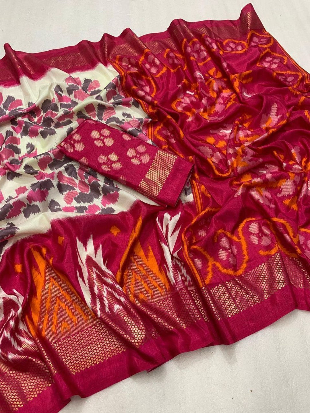 Cream & Pink Ikkat Woven Dola Silk Saree Accented with Zari Border - Image 3