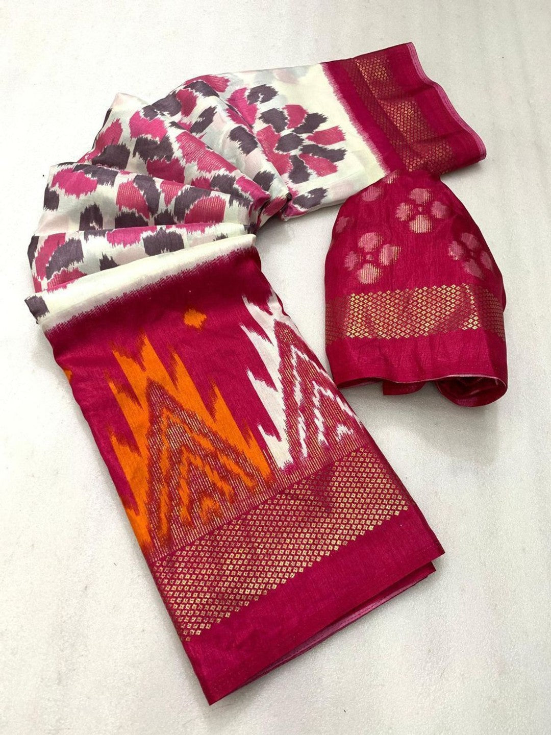 Cream & Pink Ikkat Woven Dola Silk Saree Accented with Zari Border - Image 2