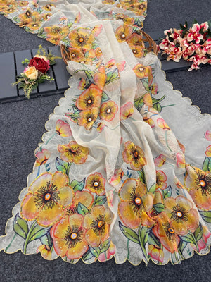 Off White Floral Print Pure Organza Saree with Soft Organza Texture and Sequins Work - Image 2